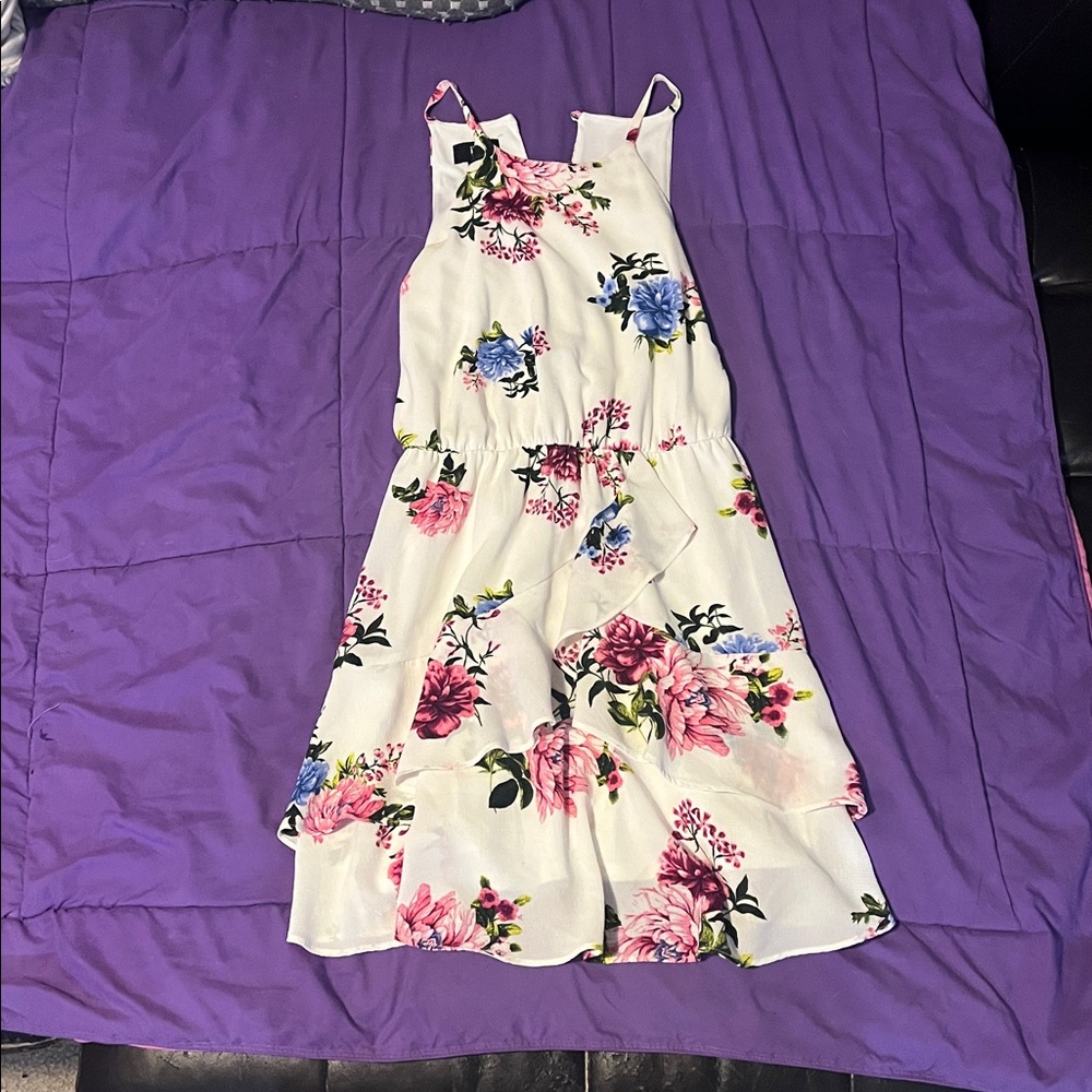 Iz Byer Strapless Floral Dress - White with Pink and Blue Flowers